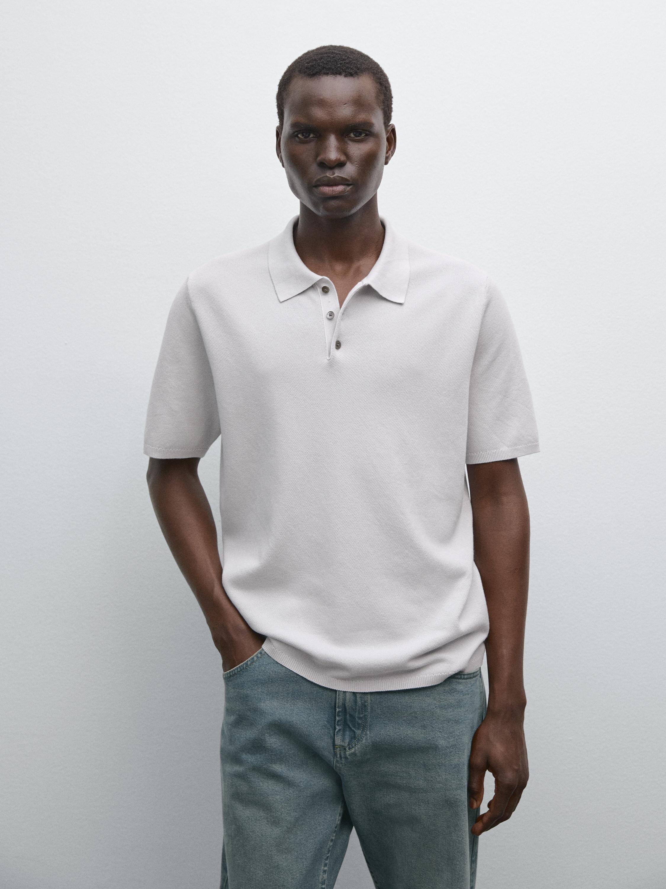 Textured cotton knit polo shirt